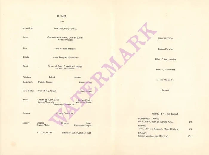 Steam Ship Oronsay 1955 Menu
