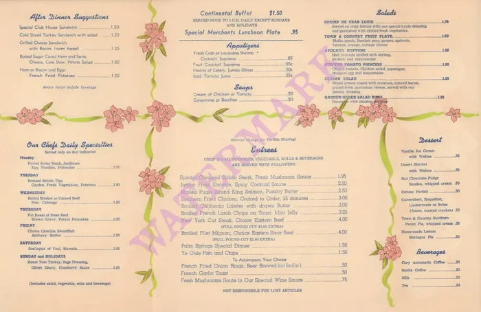 Palm Springs Town & Country Restaurant 1950s | Vintage Menu Art - food menu