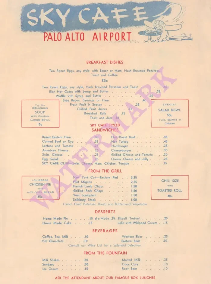 Palo Alto Airport Sky Cafe, 1948 Menu Art
