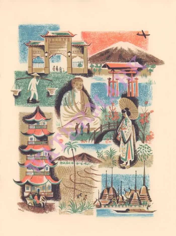 Pan Am Orient In-Flight Menu Art by Lillian Sadler 1957