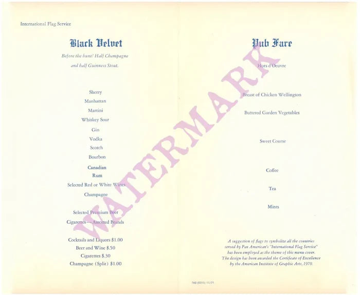 Pan American "International Flag Service" 1971 Menu