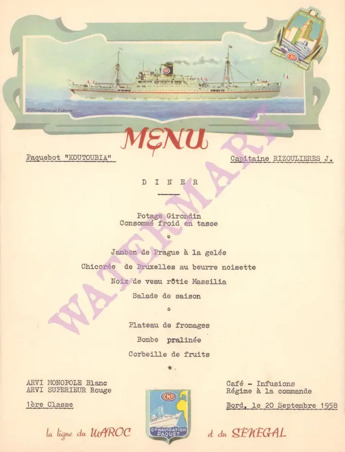 Paquebot “Koutoubia” 1958, Compagnie de Navigation Paquet, Marseille Menu