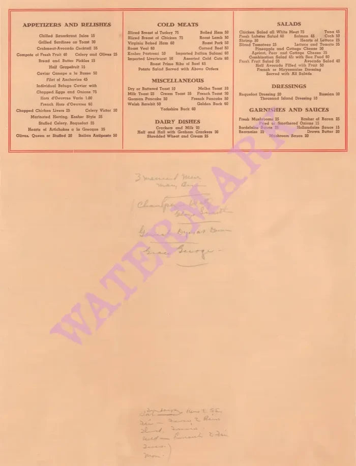 Paramount Studio Cafe, Hollywood 1936 | Vintage Menu Art – back with markings