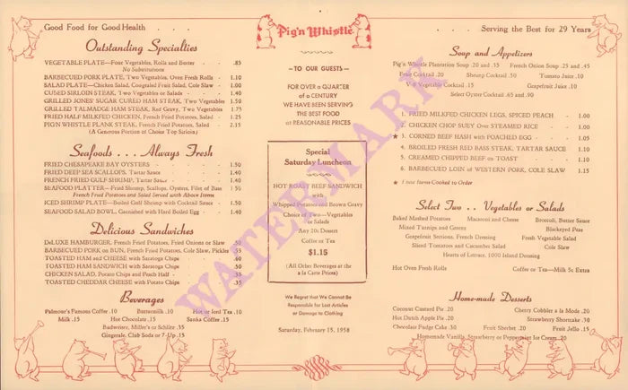 Pig'n Whistle, Atlanta 1958 Menu