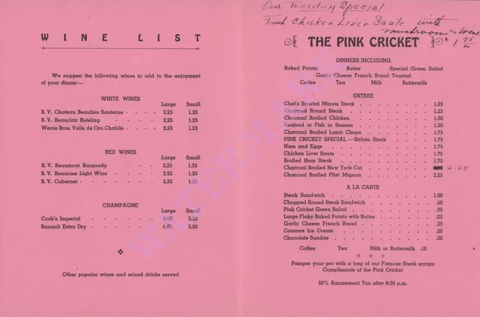 Pink Cricket Welcome, Santa Barbara 1960s Menu