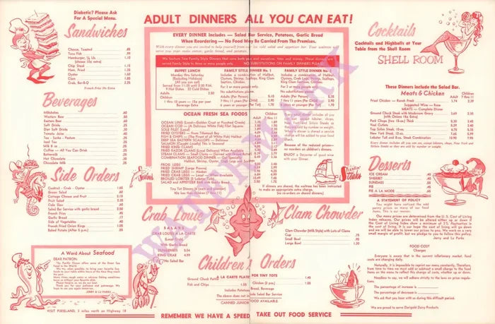 Pixie Kitchen, Lincoln City OR 1970s Menu