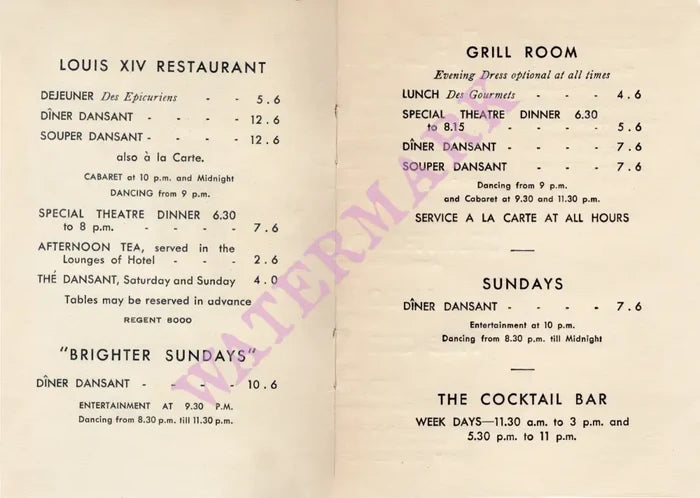 Playtime at the Piccadilly Hotel, London 1920s/30s Menu