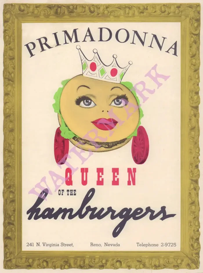 Primadonna Cafe, Reno 1950s Menu Art