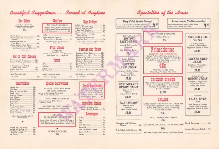 Primadonna Cafe, Reno 1950s Menu
