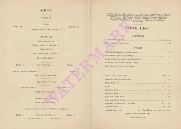 Pullman Buffet Menu and Wine List Early 1900s Menu Art