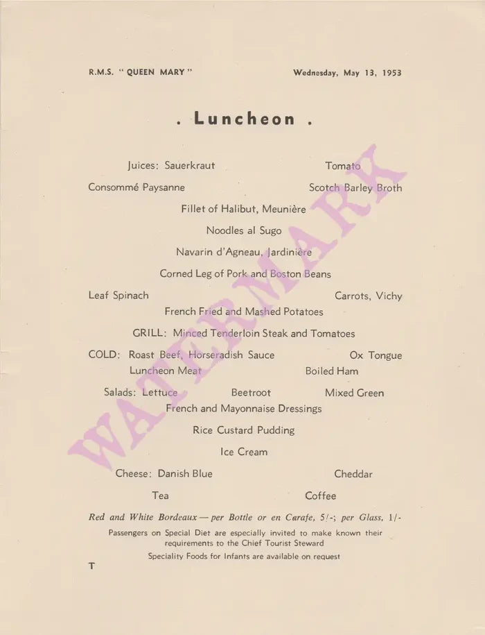 Queen Mary 1953 Menu