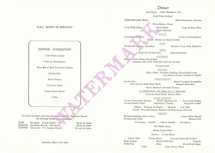 Queen of Bermuda, 1966 Menu