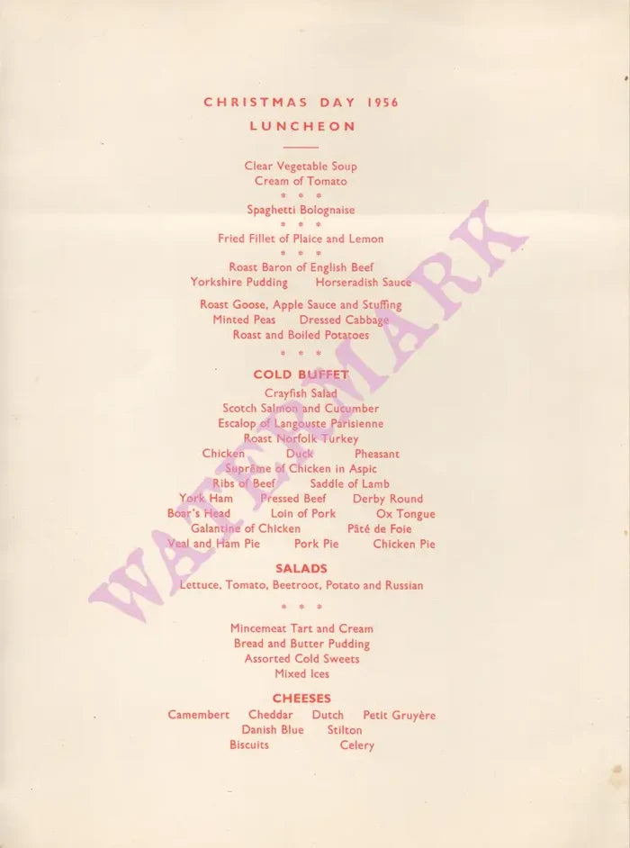 Queen's Hotel Eastbourne, Christmas 1956 Menu