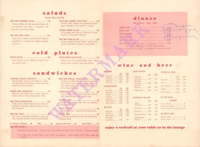 Red Hen, Napa 1959 Menu wine list