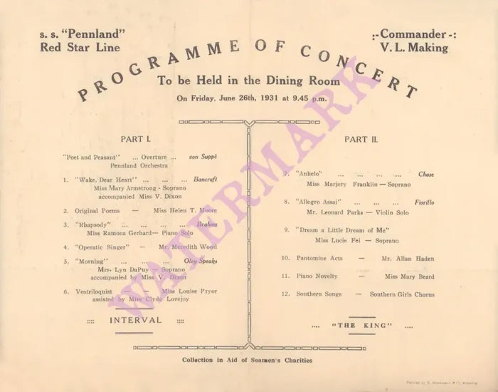 Red Star Line, S.S. Pennland 1931 | Vintage Menu Art - programme of concert