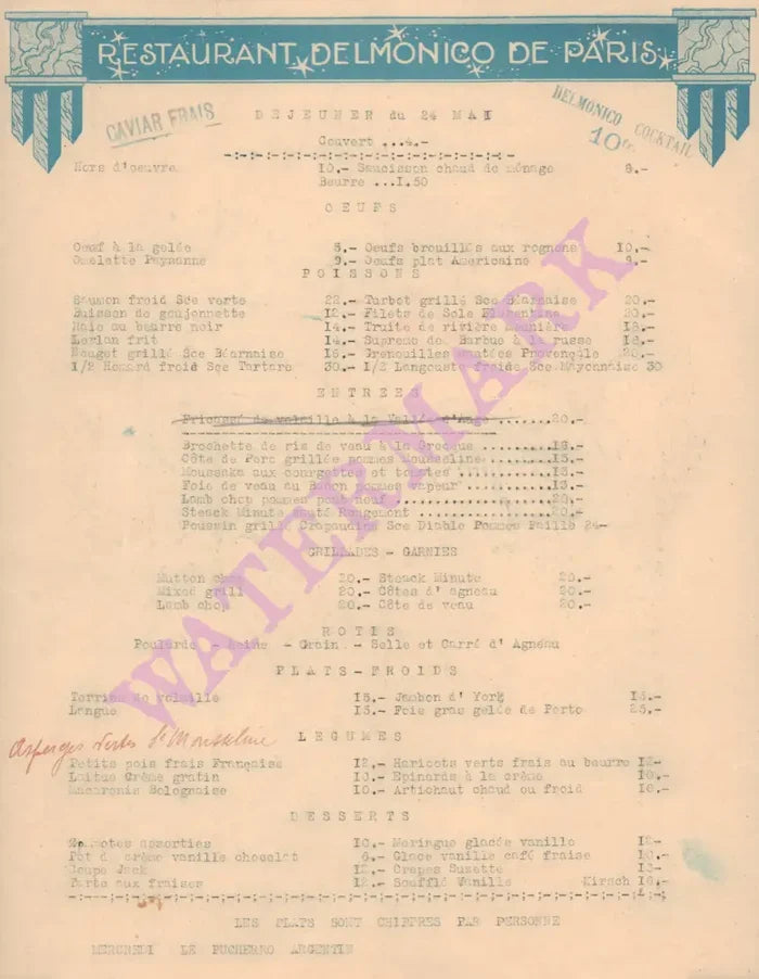 Restaurant Delmonico de Paris, France 1960s Menu