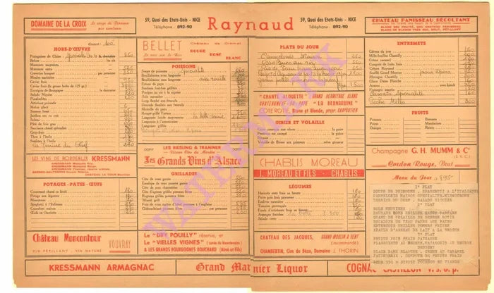 Restaurant Raynaud Nice France 1950s Vintage Americana Menus