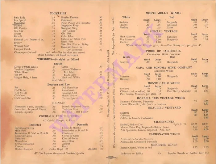 Rex Restaurant, San Francisco 1942 Menu