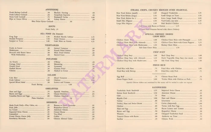 Riptide Club, Miami Beach 1930s Food menu