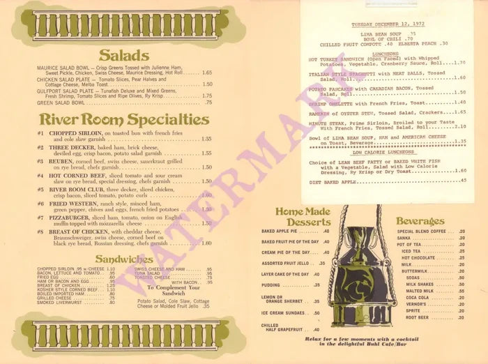River Room, Detroit 1972 Menu