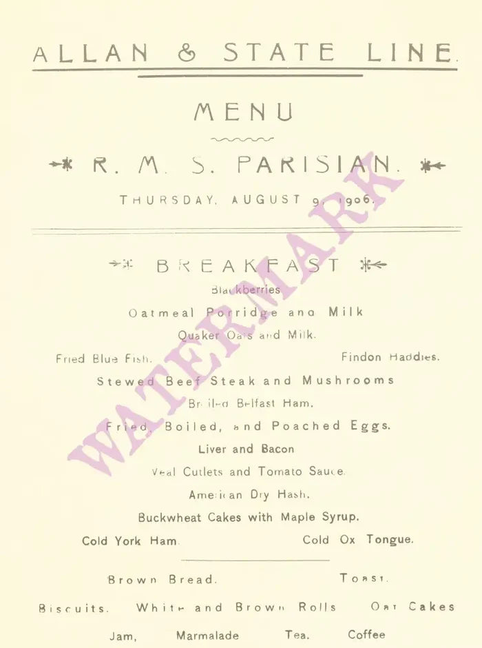 RMS Parisian 1906 Menu