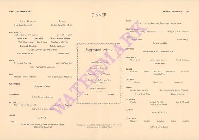 R.M.S. Queen Mary 1953 Menu