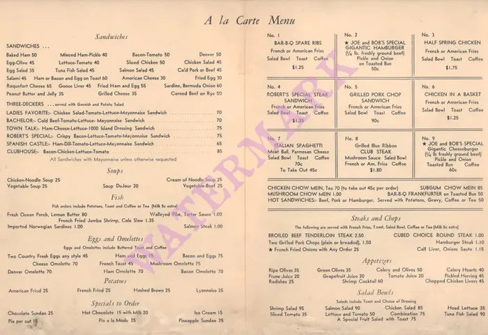 Robert's Cafe, USA 1950s Menu