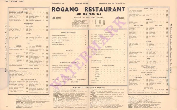 Rogano, Glasgow 1950s Menu