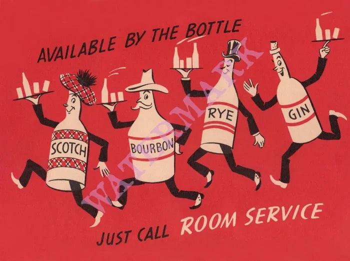 Room Service Bottles, 1930s/1940s Menu Art
