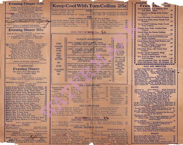 Rosslyn Coffee Shop & Fountain, Los Angeles 1937 Menu