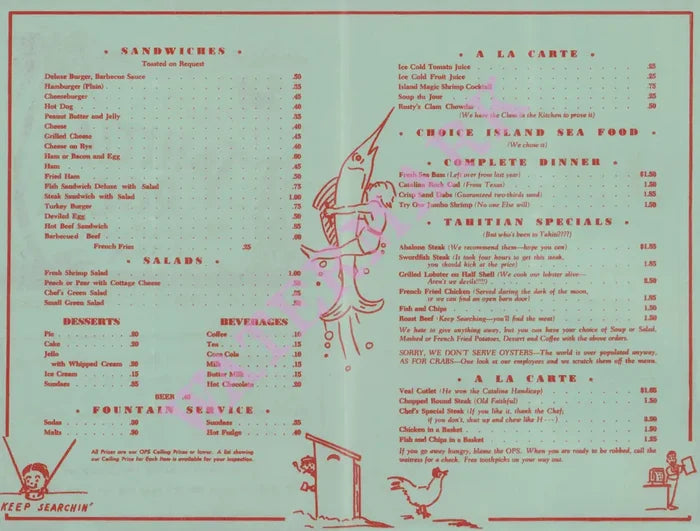 Rusty's Tahitian Room, Santa Catalina Island 1946 Menu