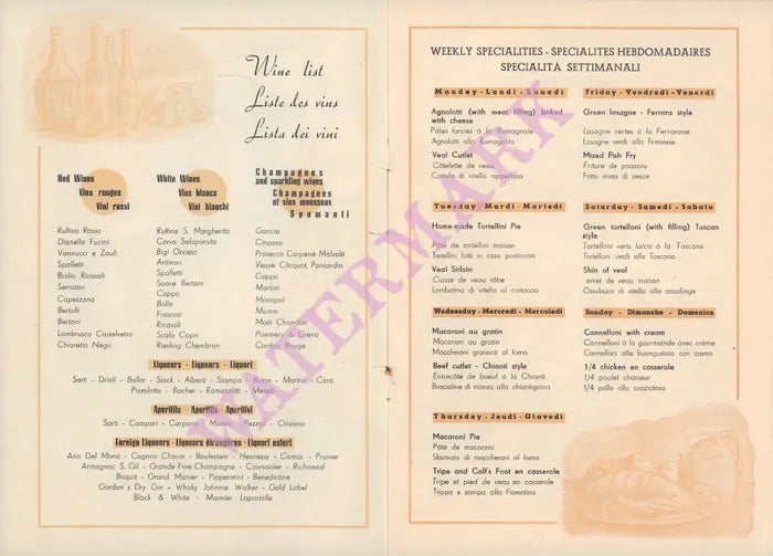 Sabatini, Florence 1952 Menu