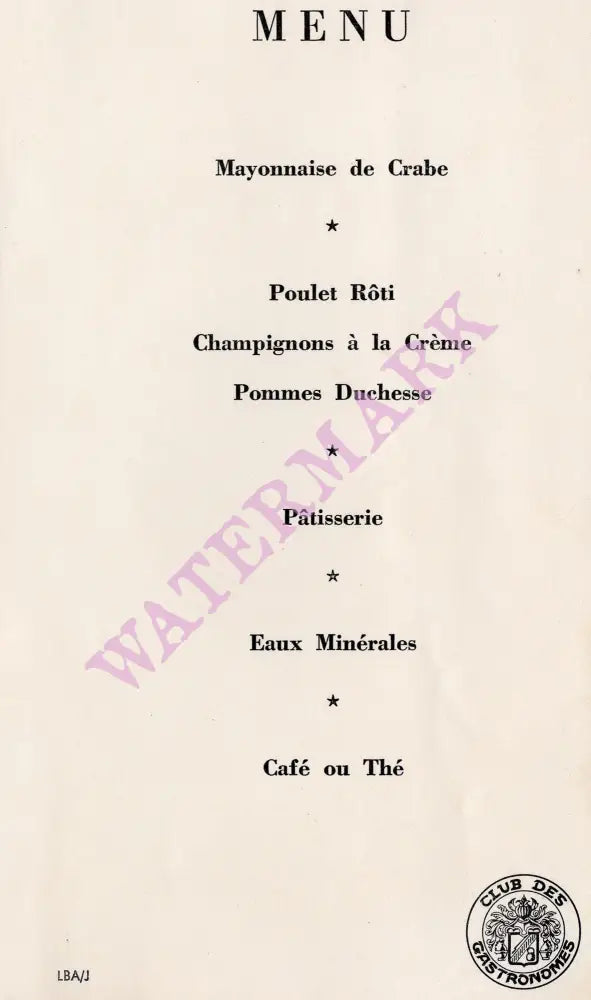 Sabena, In-flight Menu 1968