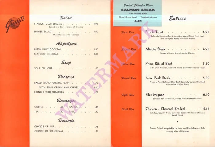 San Francisco Giants Stadium Club, Candlestick Park 1970s Menu