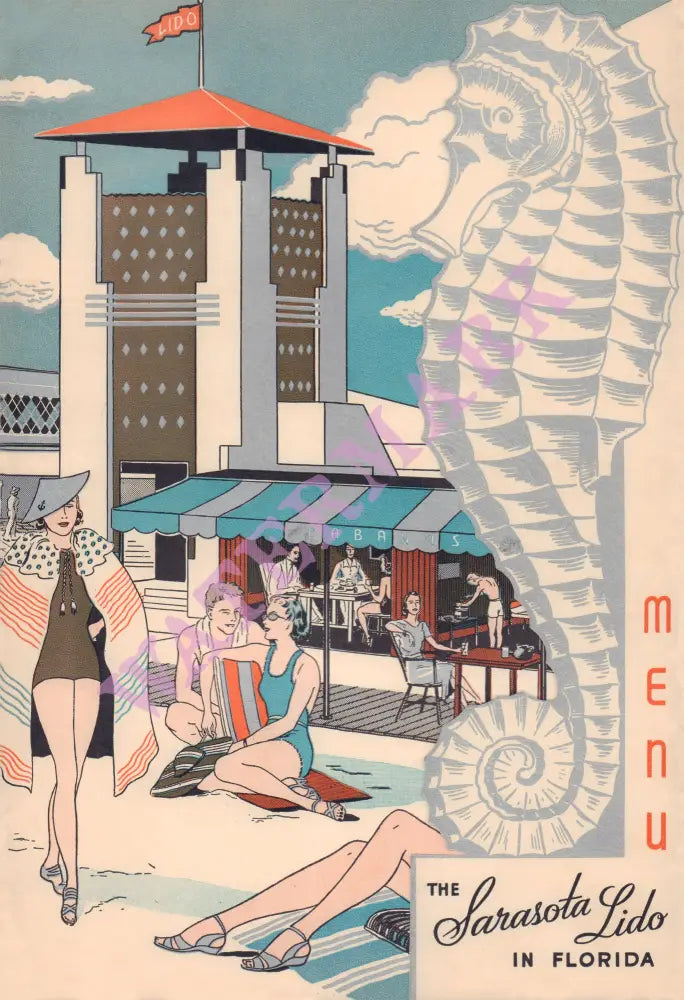 Sarasota Lido, Florida 1940s/1950s | Vintage Menu Art - Front