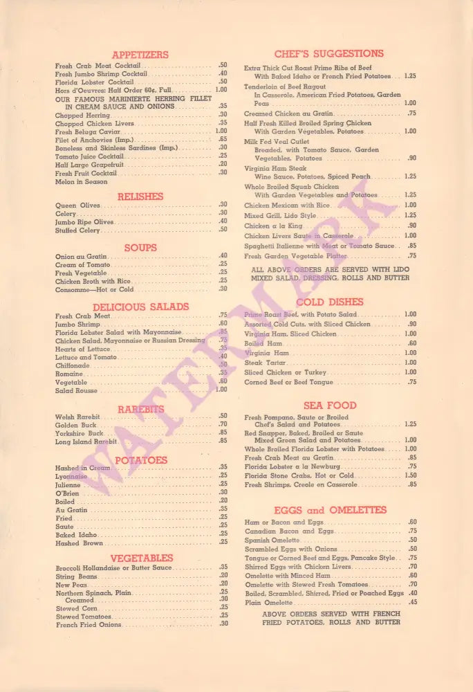 Sarasota Lido, Florida 1940s/1950s | Vintage Menu Art - food menu