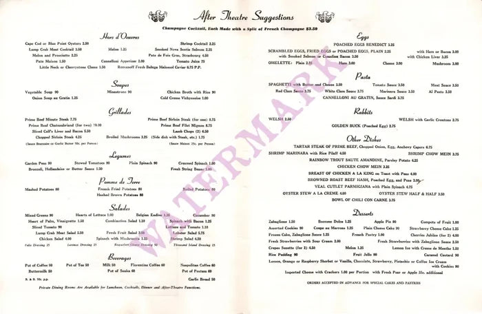 Sardi's, New York 1960s Menu