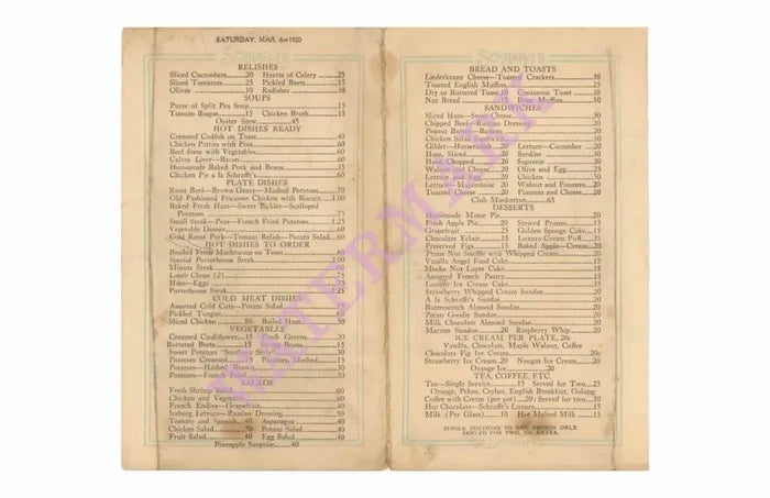 Schrafft's New York 1925s Menu Art