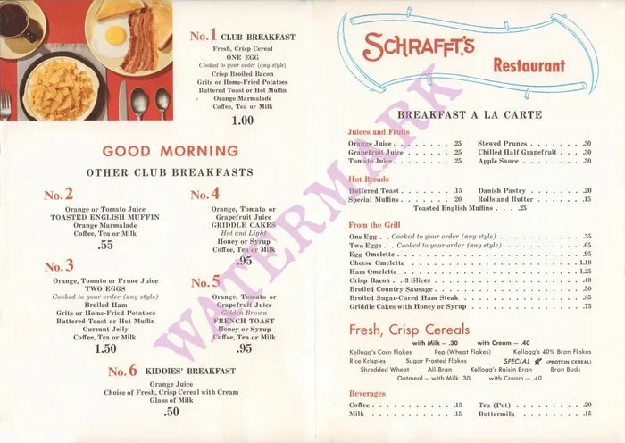 Schrafft's, New York 1960s | Vintage Menu Art - breakfast menu