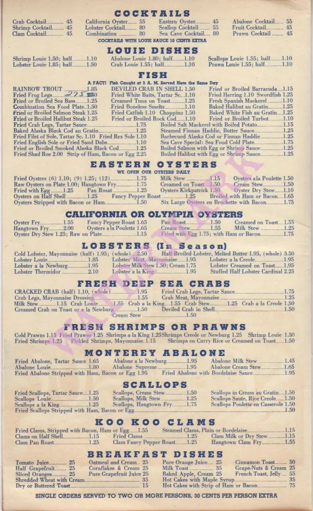 Sea Cave, Oakland 1952 Menu