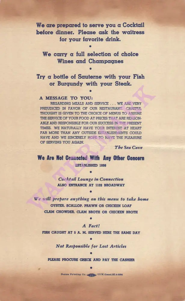 Sea Cave, Oakland 1952 Menu
