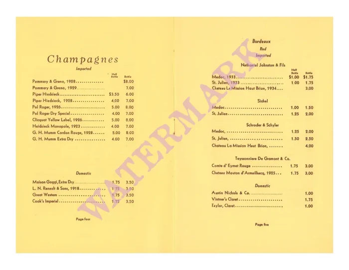 Seaside Hotel, Atlantic City 1930s Wine List