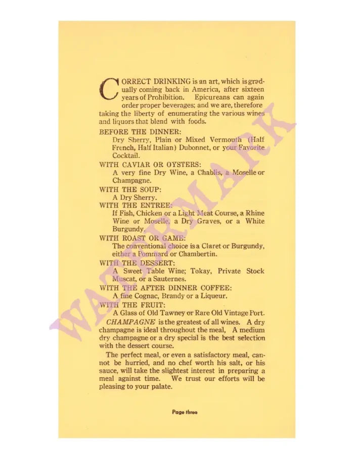 Seaside Hotel, Atlantic City 1930s Wine List after Prohibition