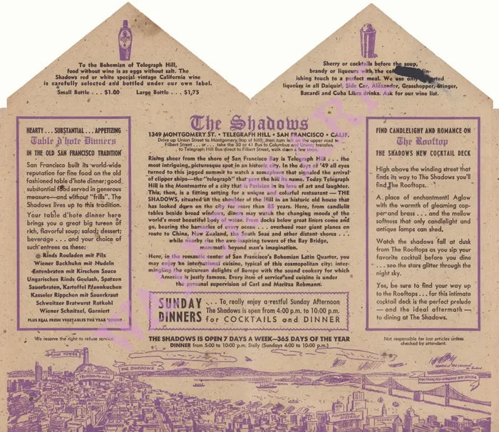 Shadows, San Francisco 1940s | Vintage Menu Art - story on menu