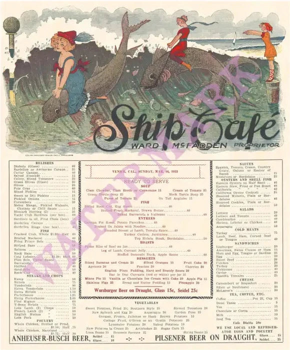 Ship's Café Venice California 1913 Henry B Voigt Collection Vintage Menu Art