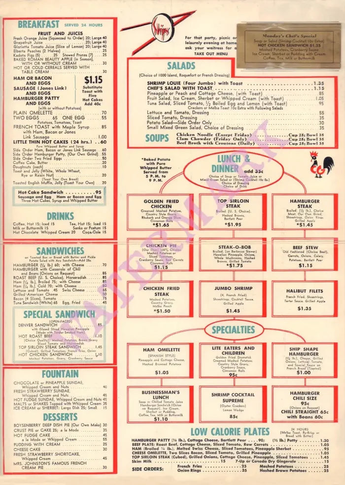 Ships, Westwood Village/Culver City 1960s Menu