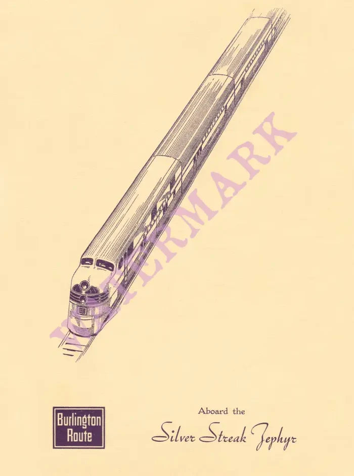 Silver Streak Zephyr, Chicago, Burlington and Quincy Railroad 1943 Menu Art