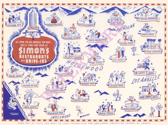 Simon's Restaurants & Drive-Ins, Los Angeles 1940s Menu Art