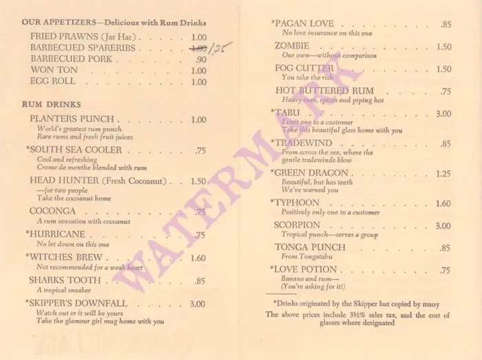 Skipper Kent's, San Francisco & Zombie Village, Oakland 1960s Menu