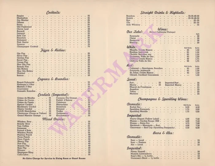Sky Room, Empire Hotel, San Francisco 1938 Drinks Menu